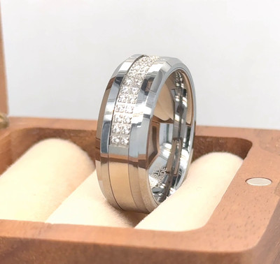 8mm Silver Tungsten Carbide Band Double Row CZ Inlay Thanksgiving Hostess Ring