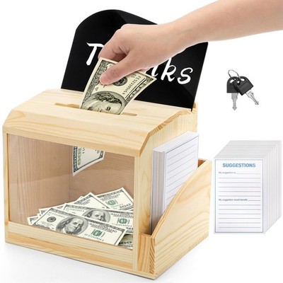 Wood Suggestion Box Slot Lock Natural Pinewood Donation Tips 50 Cards Panel