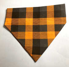 Over Collar Slide On Pet Dog Cat Bandana Scarf ORANGE BROWN PLAID MEDIUM