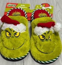 Kids L 2/3 Grinch slippers Dr. Suess Santa Christmas green red faux fur slip-on