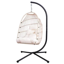 Indoor Outdoor Egg Hanging Chair Wicker Patio Swing Chair With Stand Cushion