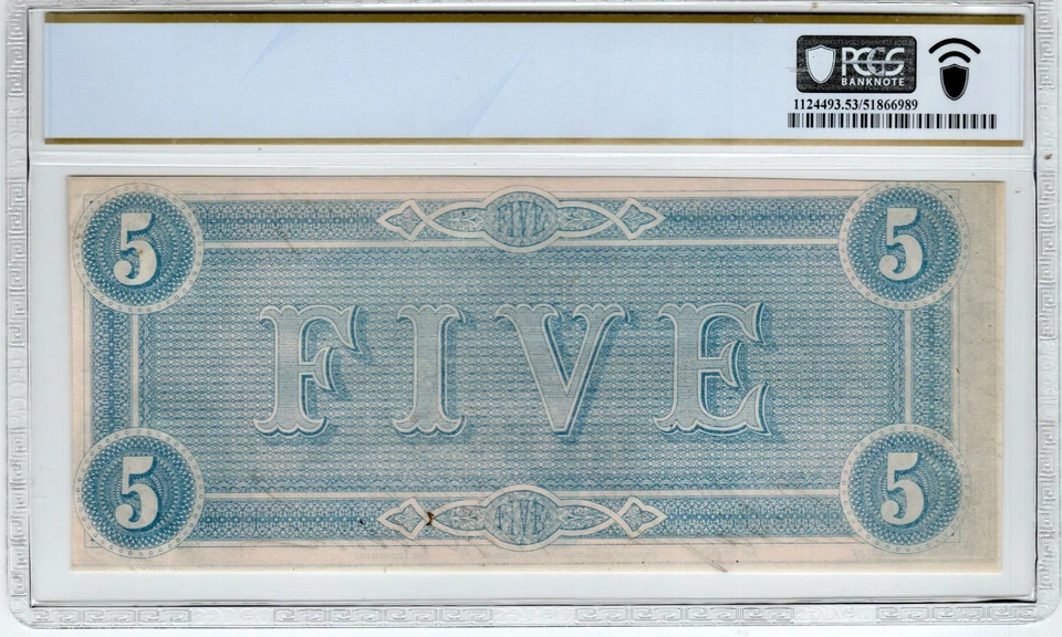 T-69 PF-8 1864 $5 Confederate Paper Money - PCGS-B About Uncirculated 53 - Image 2 of 2