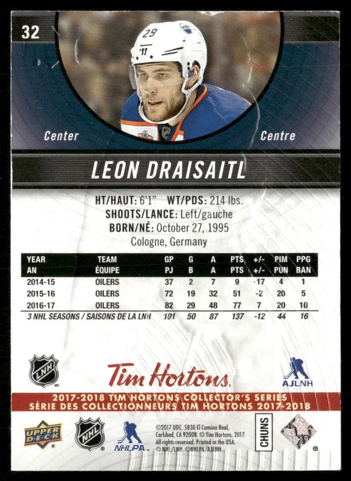 Leon Draisaitl 2017-18 Upper Deck Tim Hortons #32 Edmonton Oilers VG-EX - Image 2 of 2