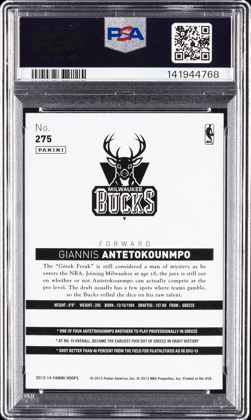 2013 PANINI HOOPS RED #275 GIANNIS ANTETOKOUNMPO ROOKIE RC PSA 8 view 2