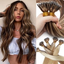 150PCS Thick 100 Remy Human Hair Extensions Nano Rings Micro Loop Beads Caramel