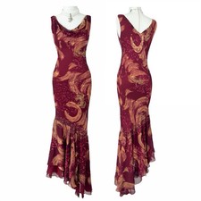 Vintage Silk Beaded Asymmetrical Maxi Prom Dress Burgundy Cowl Neck Evening Gown