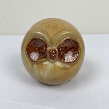 Vintage MCM Pottery Owl Round Big Eyes Tan Brown Glaze 4"