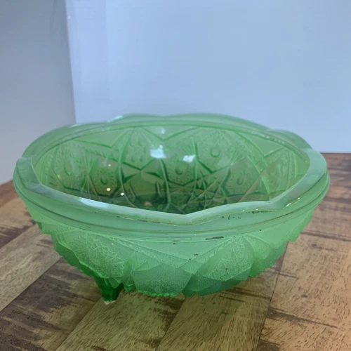 Vintage Jeannette Glass 3 Footed Bowl Green Ombre Flash With Hobstar Pattern