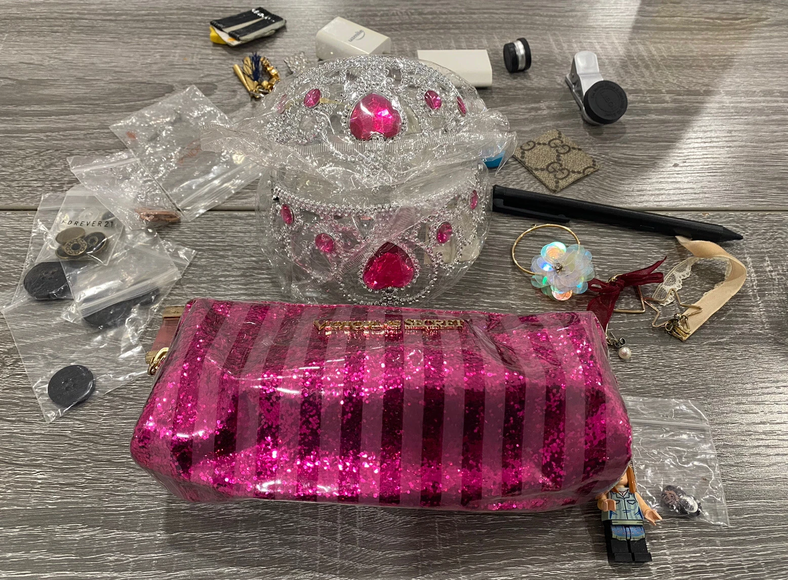 Modern JUNK drawer lot Ladies INTERESTING RANDOM items Jewelry Handbag Crown Toy