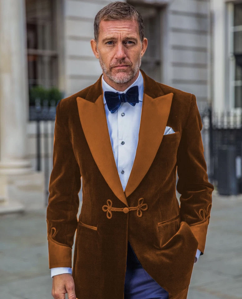 Abrigo Chaqueta Vintage Hombres Terciopelo Fumar Bata Mantón Solapa Esmoquin Blazer A Medida Foto 3 de 4