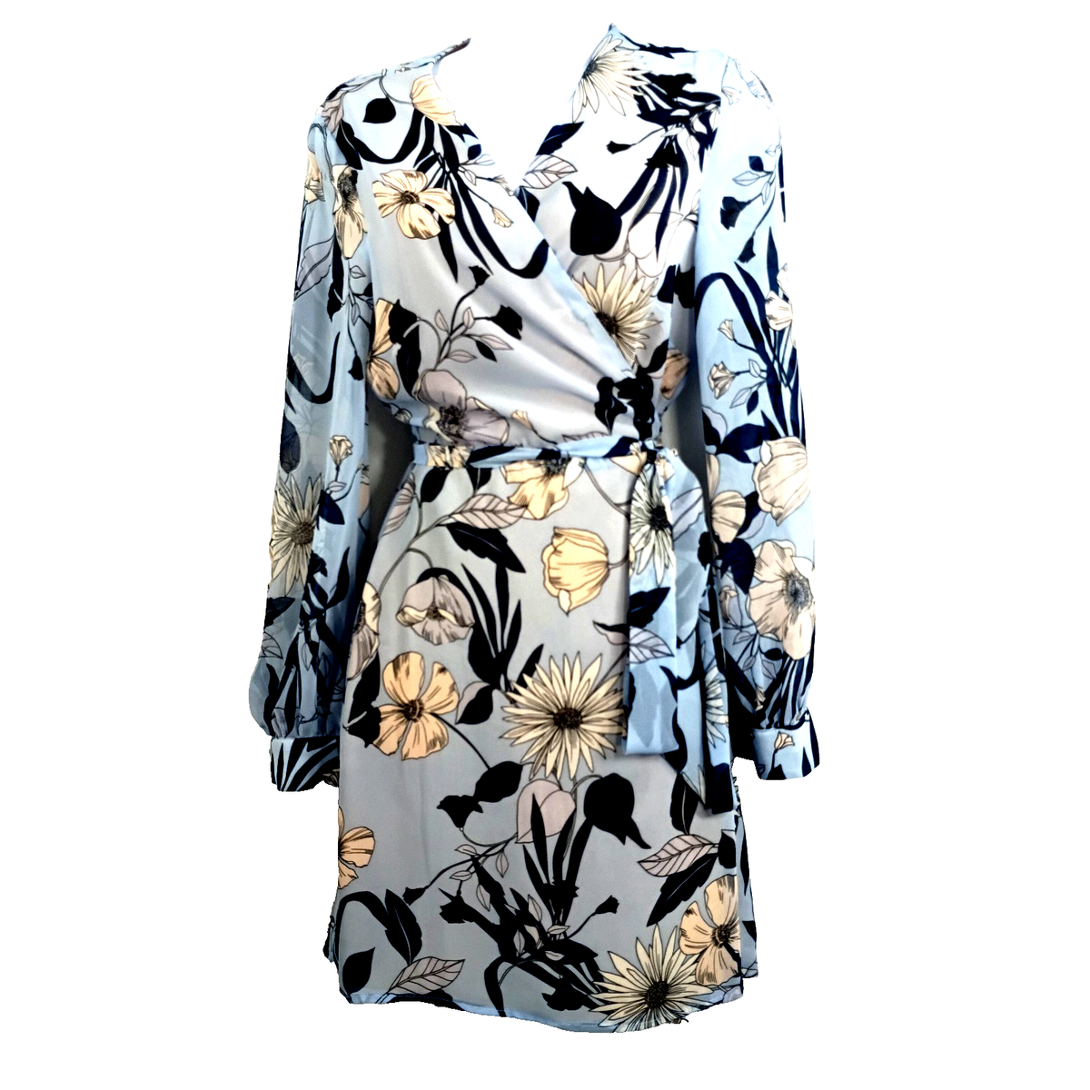 Bardot Wrap Chiffon Dress Lined Blue Tropic Vibe Sheer Long Sleeve Dainty  Sz 8
