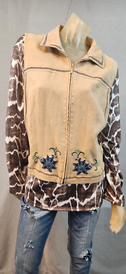 Bechamel Tan Brown Floral Zip Microfiber Western Vest Jacket Top 1X XLARGE USED