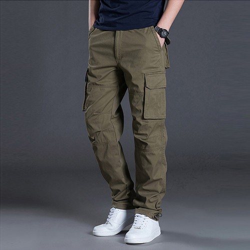Men Cotton Cargo Trousers Pockets Outdoor Sports Workwear Pants Casual Loose - Picture 11 of 17