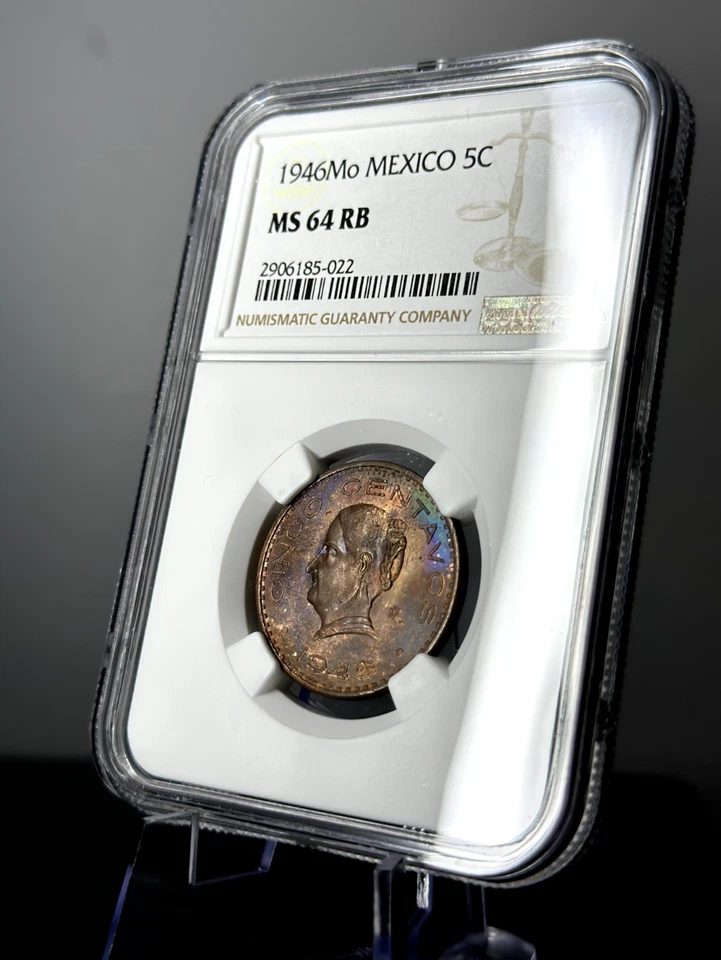 Moneda de 5 centavos 1946 Mo México en tono - Certificada NGC MS64 RB con tonificación Foto 2 de 3