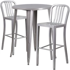 30'' Round Silver Metal Indoor-Outdoor Restaurant Bar Table Set w/ 2 Barstools