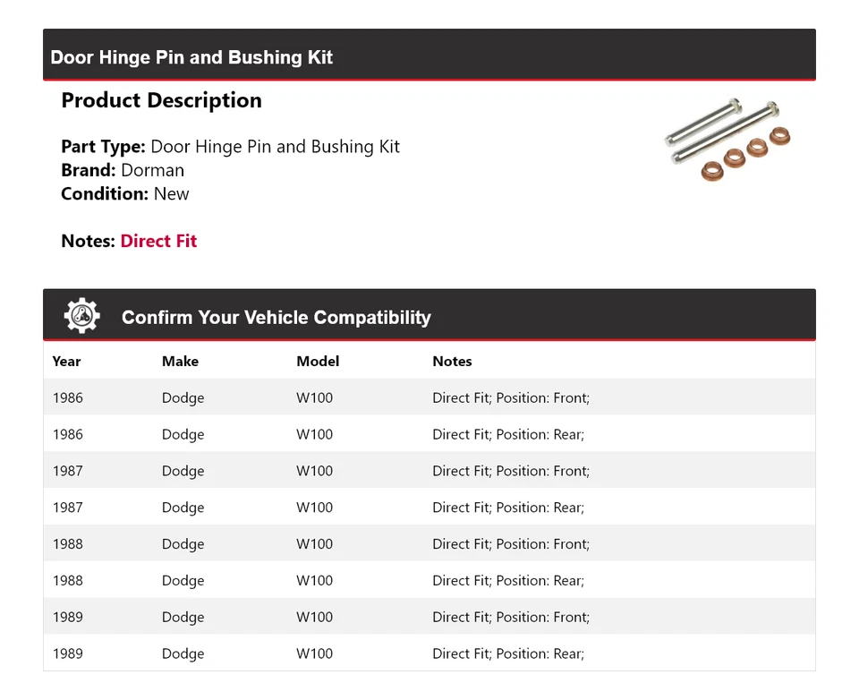 Kit de pasador y buje de bisagra de puerta Dorman 1987 1988 para Dodge W100 1986-1989 Foto 2 de 4