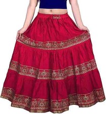 Rajasthani Jaipuri Traditionl Ethnic Flared Gold Print Long Skirt Elastic Pink 