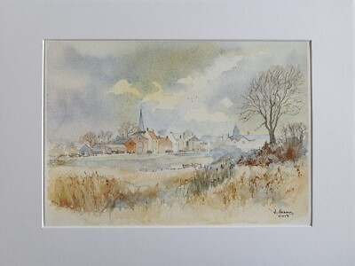 Schöne Dorfszene Original Gerahmtes Aquarell Gemälde Friedliche Landschaft 