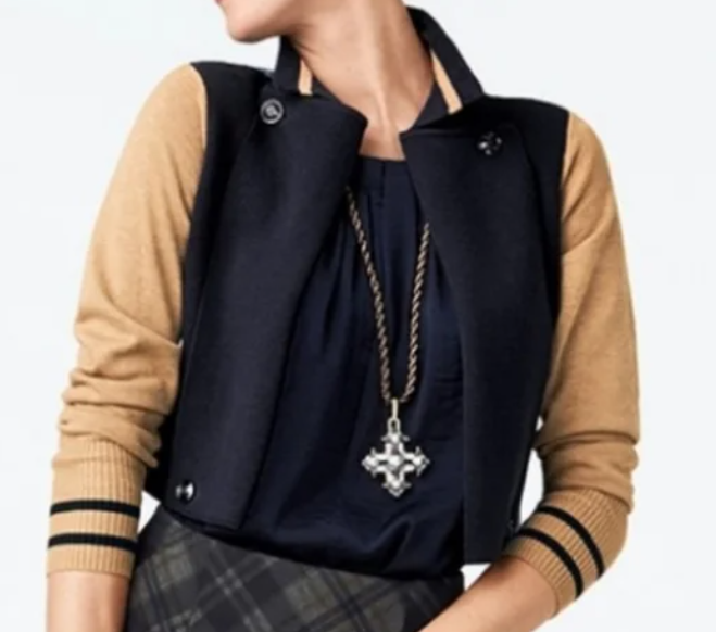 CAbi Womens #3703 TURN BACK Navy Blue Beige Cardigan Sweater Sz