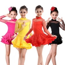 Kids Girl Latin Dance Dress Salsa Dancewear Mesh Sequins Ballroom Ruffle