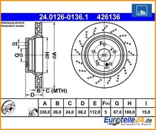 2 St. Bremsscheibe ATE 24.0126-0136.1 f&uuml;r Mercedes-Benz CLS