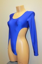 Women Thong Leotard 101-08 Long Sleeve High Open Thig Royal Blue Spandex Size S