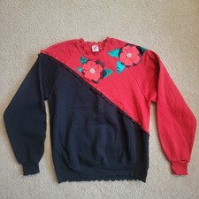 Vintage Floral Appliqu Colorblock 80s/90s Sweatshirt Red Black Folk Cottagecore