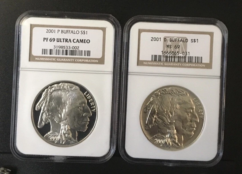2001 P&D Búfalo Silver  PR Y MS 69  2 Coins  - Image 3 of 4