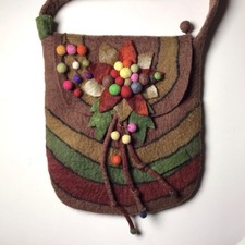 Boho Brown Multi Pom Pom Felt Wool Crossbody Shoulder Bag Tote Purse Nepal Slim
