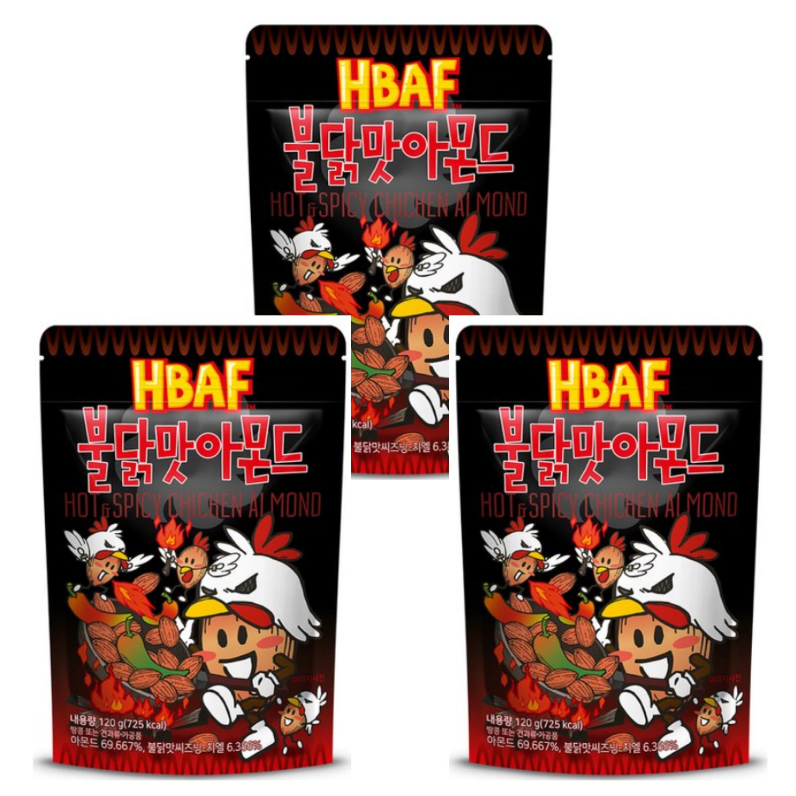 HBAF Hot Spicy Pollo Almendra 120 g x 3 paquetes Bocadillo Coreano Buldak HACCP