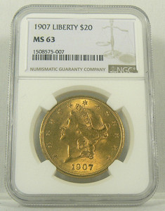 1907 $20 Gold Liberty Double Eagle NGC MS63