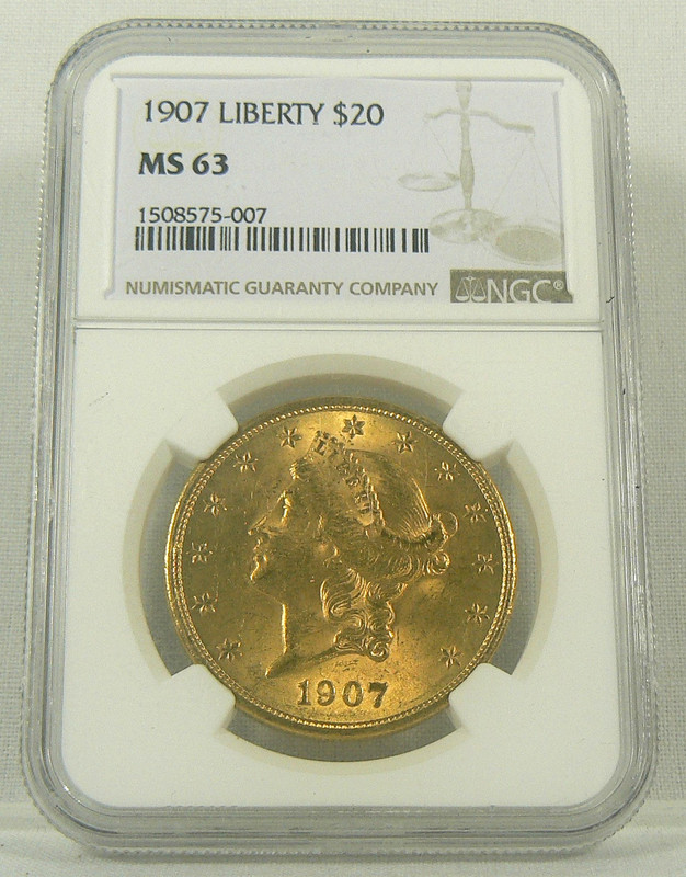 1907 $20 Gold Liberty Double Eagle NGC MS63