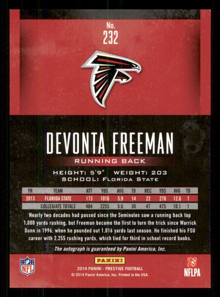 2014 Prestige Rookie AUTO #232 Devonta Freeman - Image 2 of 2