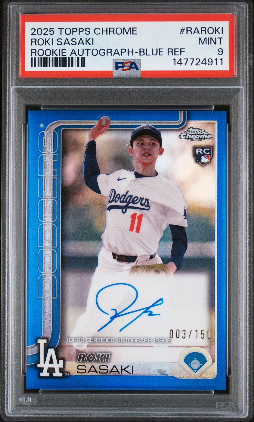 2025 TOPPS CHROME ROOKIE AUTOS BLUE REFRACTOR #RAROKI ROKI SASAKI 3/150 PSA 9