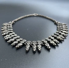Vtg Traditional Rajasthani Silver Metal Beaded Tribal Collar Choker Necklace 18"