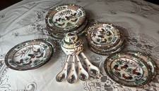 Antico set di 15 porcellana cinese: piatti, cucchiai, barattolo, galli dipinti a mano