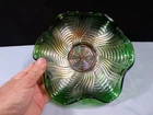 Vintage Fenton Green Carnival Glass Ribbon Tie or Comet Pattern Bowl 8 5/8"