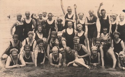 Photo postcard men and women in bathing dress beach photo 1920s/30s