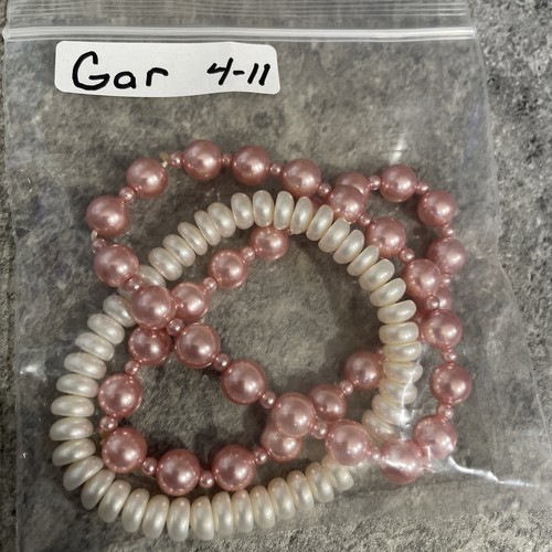 Hand Crafted 2 Pink Beaded & 1 Pearl Stretch Bracelets Gar4-11 - Picture 5 of 5
