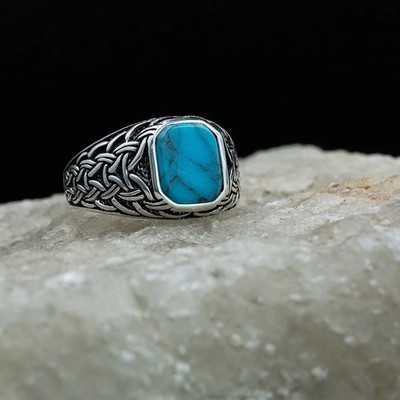 925 Handmade Natural Turquoise Gemstone Sterling Silver Men's Ring