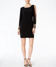 New Calvin Klein Womens Cold-Shoulder Embellish Cuff Dress  Black 6
