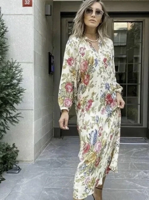 ZARA BUTTON FLORAL PRINTED DRESS CREAM ECRU MIDI DRESS XL eBay