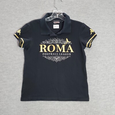 Kappa Girls Polo Shirt Large Black Roma Football League Logo Graphic Print