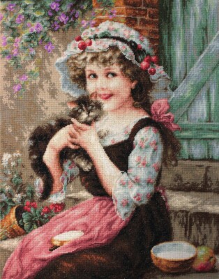 Petit Point Set Luca-S - kleines Mädchen mit Kätzchen G538