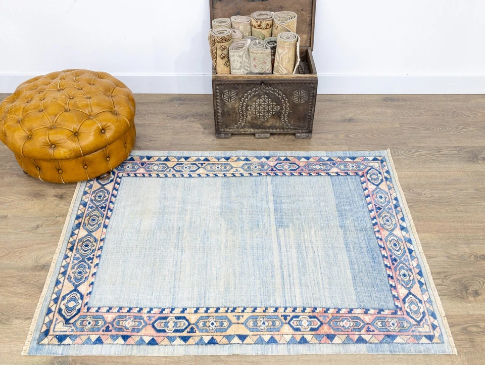 Alfombra de lana Oushak turca hecha a mano de colección 3'5" × 4'8" pies - azul cielo y melocotón tranquilo Foto 3 de 4