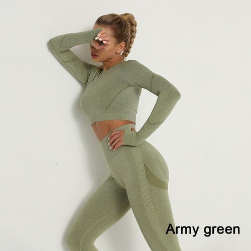2pcs Slim Fit Yoga Set Long Sleeve Tee Top Sport Gym High Waist Pants Leggings - Picture 11 of 16