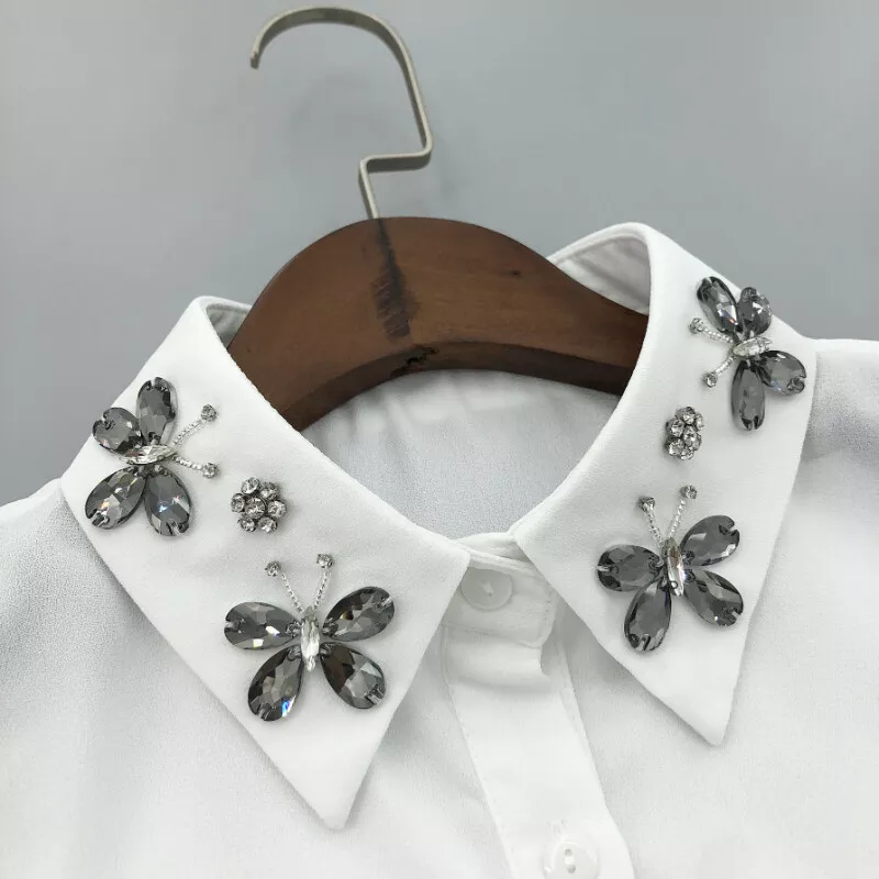 Farfalla Strass Falso Colletto Staccabile Bottoni Mezza Camicia