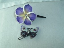 VINTAGE ENAMEL BUTTERFLY BARRETTE PURPLE FLOWER HAIR CLIP UP DO ACCESSORY