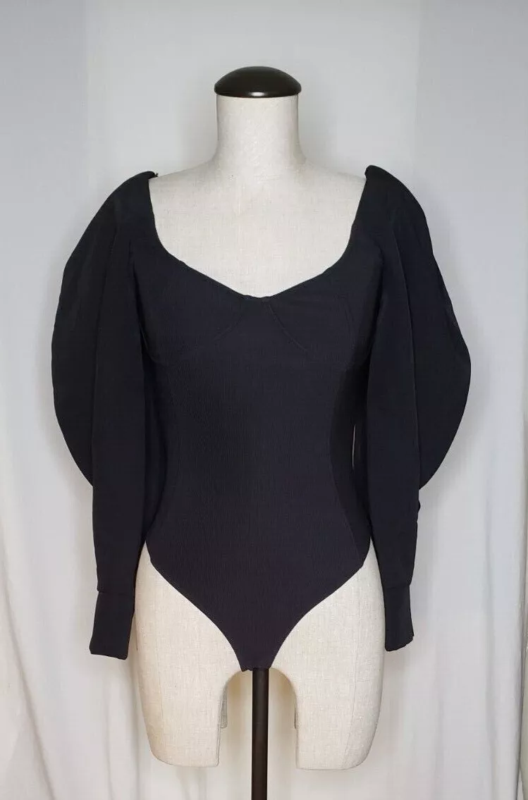 Zara Black Bodysuit Puffy Long Sleeve Square Neck Top Size Small