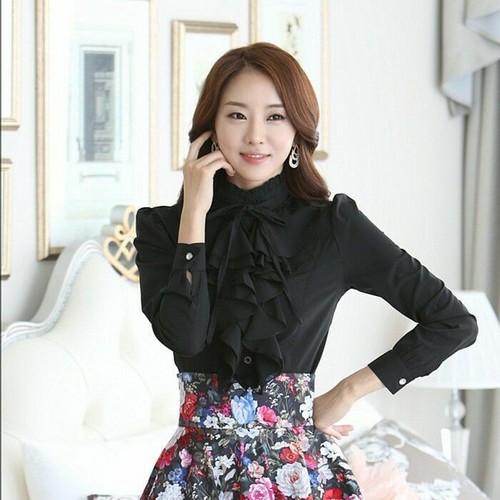 Damen Rüschen Rüschen Kragen Shirt Top Chiffon Bluse Viktorianisch Lolita Retro Weiß - Bild 5 von 13